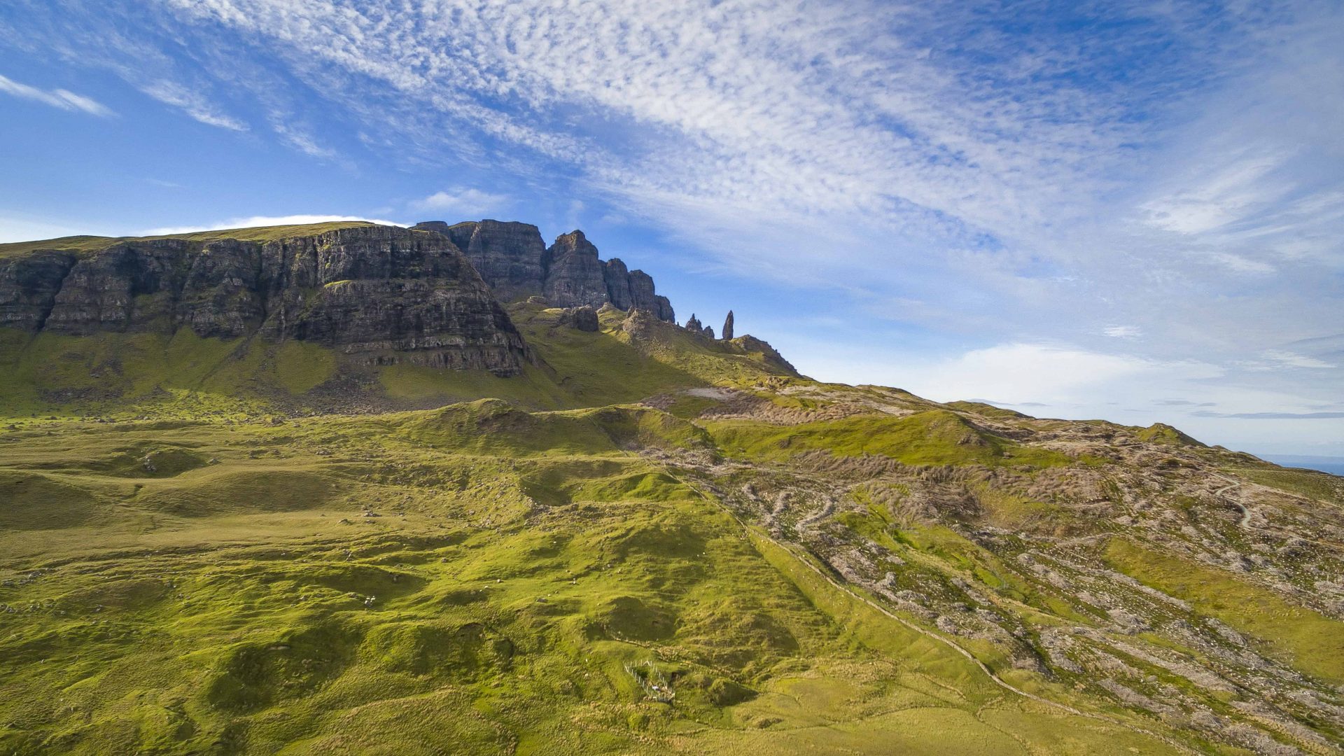 A scenic landscape shot of the iconic Old Man of Storr, Skye.
